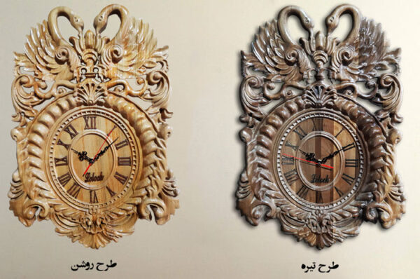 ساعت دیواری از جنس چوب طبیعی کنده کاری شده روی چوب طرح قو