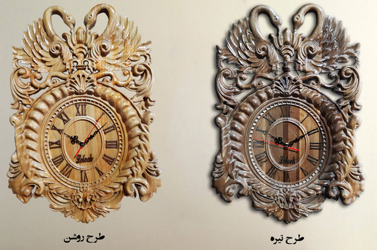 ساعت دیواری از جنس چوب طبیعی کنده کاری شده روی چوب طرح قو