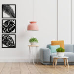 تابلو لاین آرت تراپیکال (Tropical) سه تکه برگ استیکر چوبی