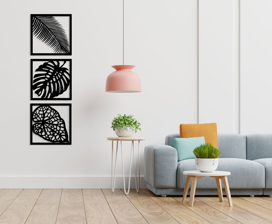 تابلو لاین آرت تراپیکال (Tropical) سه تکه برگ استیکر چوبی