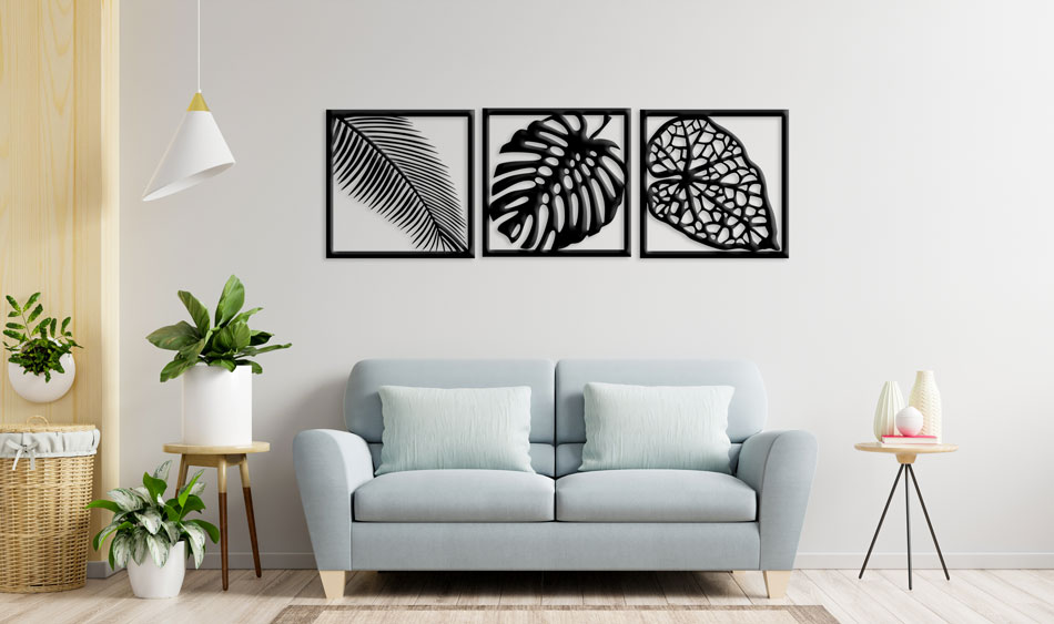 تابلو لاین آرت تراپیکال (Tropical) سه تکه برگ استیکر چوبی