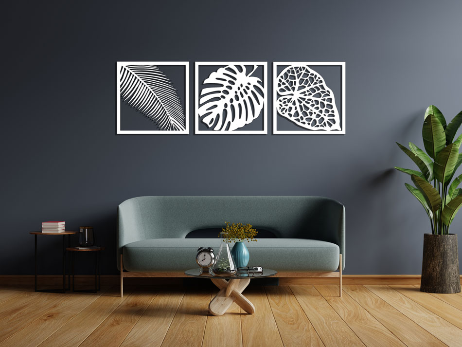 تابلو لاین آرت تراپیکال (Tropical) سه تکه برگ استیکر چوبی