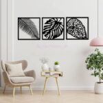 تابلو لاین آرت تراپیکال (Tropical) سه تکه برگ استیکر چوبی