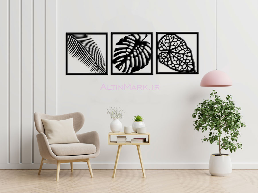 تابلو لاین آرت تراپیکال (Tropical) سه تکه برگ استیکر چوبی