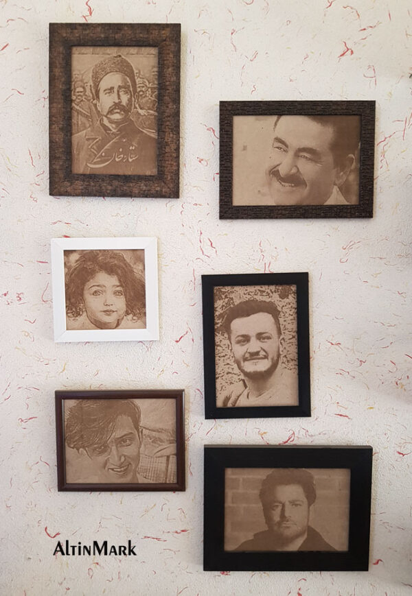 تابلو حکاکی چهره روی چوب با قاب دور و باکس چوبی 1400